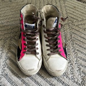 Golden Goose denim and pink hi top sneakers with zippers